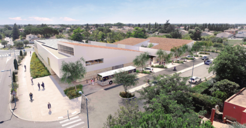 Image de synthèse d'une vue aérienne du futur pôle enfance de Saint-Gilles